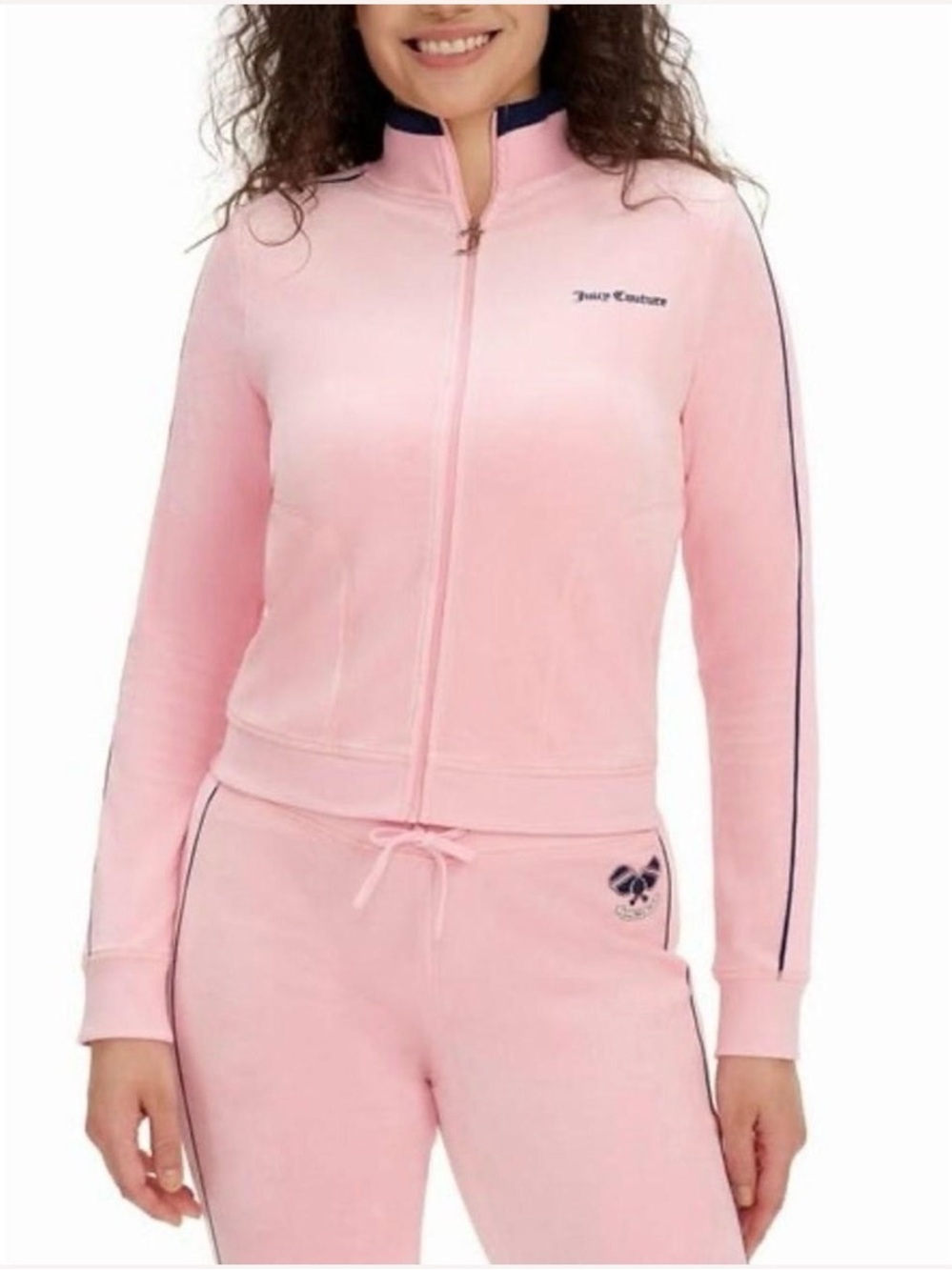 Juicy Couture Women’s Pink Velour Track Jacket with Navy Trim